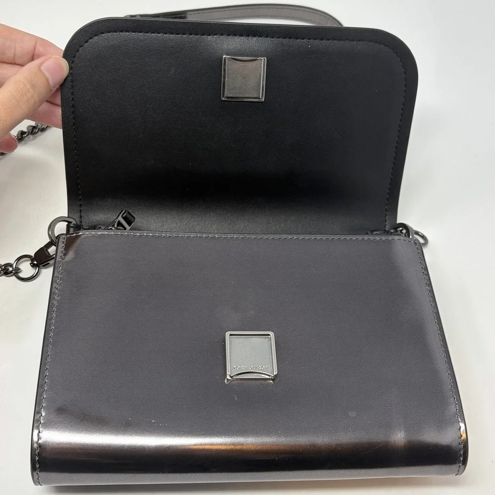 Tory Burch Emerson‎ Patent Chain Wallet Gunmetal Metallic Crossbody
